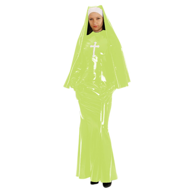 Shiny PVC Nun Sister Habit Costume Women's Sexy Bodycon Mermaid Long Dress with Gloves Halloween Cosplay Nun Fancy Dress Uniform