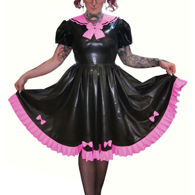 Preppy Style Faux PVC Leather Puff Short Sleeve Knee-Length Pleated Dress Sissy Shiny Bow Sweet Sailor Neck A-line Lolita Dress