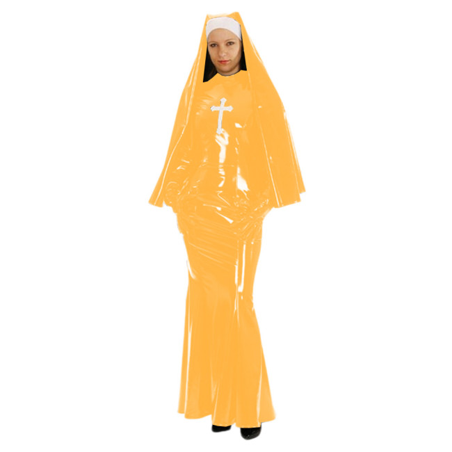 Shiny PVC Nun Sister Habit Costume Women's Sexy Bodycon Mermaid Long Dress with Gloves Halloween Cosplay Nun Fancy Dress Uniform