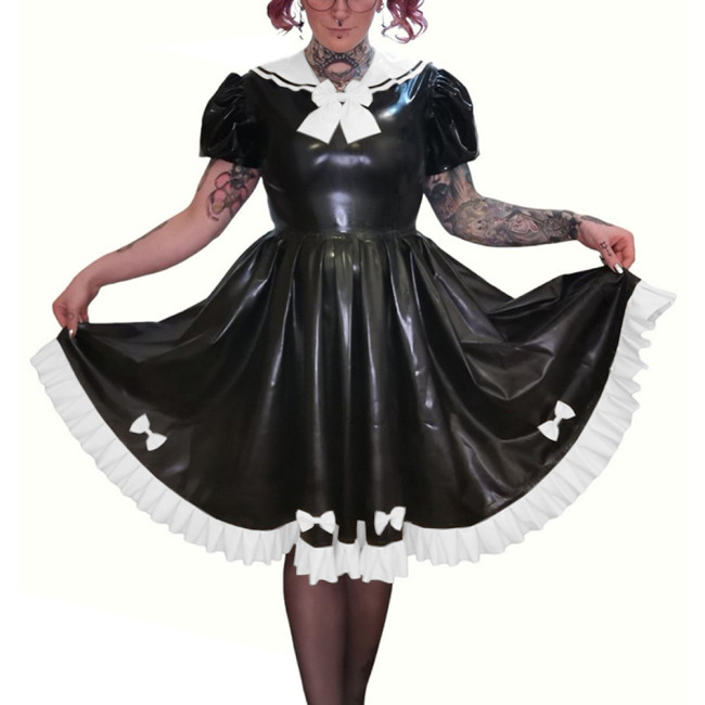 Preppy Style Faux PVC Leather Puff Short Sleeve Knee-Length Pleated Dress Sissy Shiny Bow Sweet Sailor Neck A-line Lolita Dress