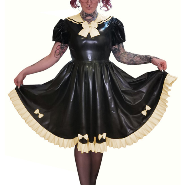 Preppy Style Faux PVC Leather Puff Short Sleeve Knee-Length Pleated Dress Sissy Shiny Bow Sweet Sailor Neck A-line Lolita Dress