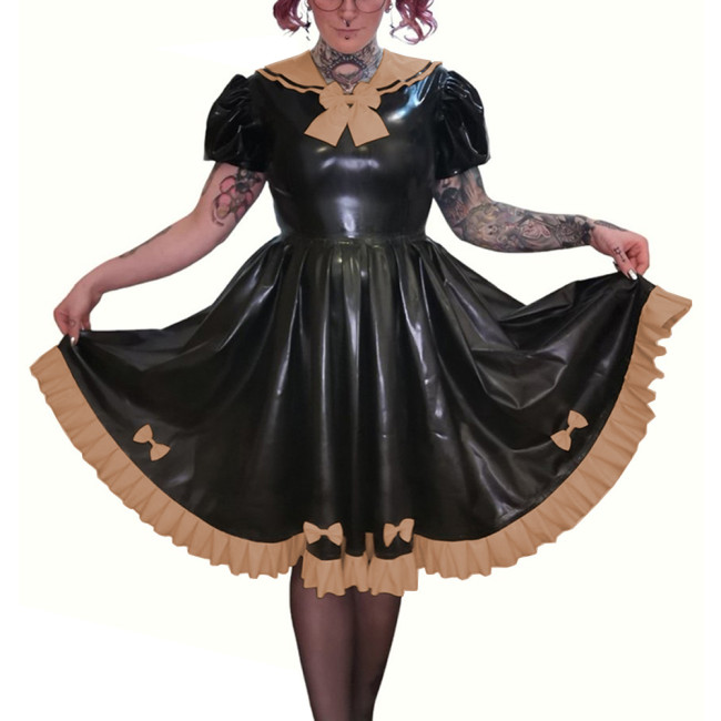 Preppy Style Faux PVC Leather Puff Short Sleeve Knee-Length Pleated Dress Sissy Shiny Bow Sweet Sailor Neck A-line Lolita Dress