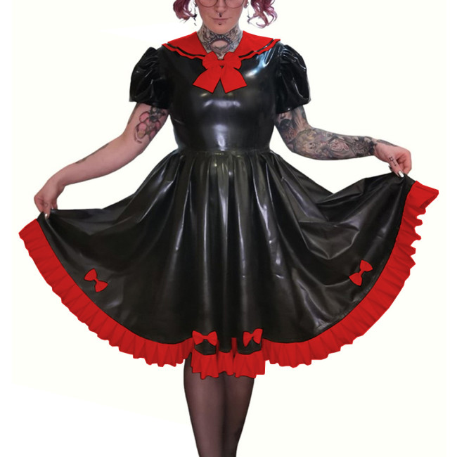 Preppy Style Faux PVC Leather Puff Short Sleeve Knee-Length Pleated Dress Sissy Shiny Bow Sweet Sailor Neck A-line Lolita Dress