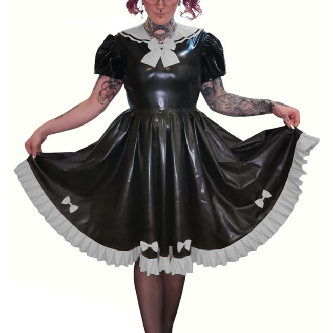 Preppy Style Faux PVC Leather Puff Short Sleeve Knee-Length Pleated Dress Sissy Shiny Bow Sweet Sailor Neck A-line Lolita Dress