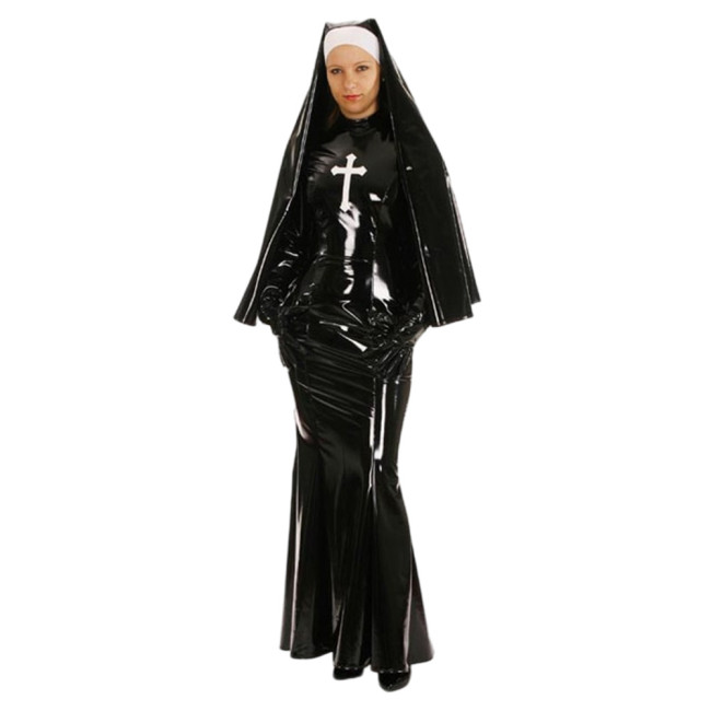 Shiny PVC Nun Sister Habit Costume Women's Sexy Bodycon Mermaid Long Dress with Gloves Halloween Cosplay Nun Fancy Dress Uniform