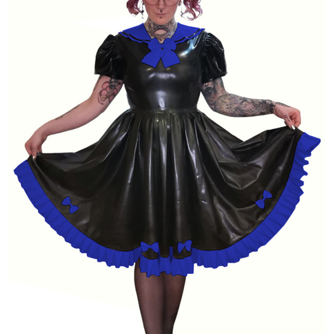 Preppy Style Faux PVC Leather Puff Short Sleeve Knee-Length Pleated Dress Sissy Shiny Bow Sweet Sailor Neck A-line Lolita Dress