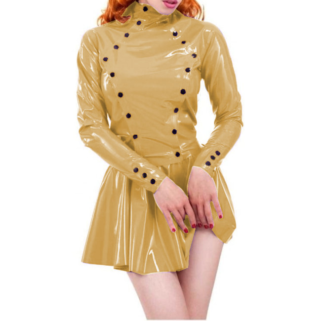 Women Dress Glossy PVC Sexy Double Buttons Slim Fit Long Sleeve Pleated Mini Skirt Dress High Street Party Clubwear Casual S-7XL