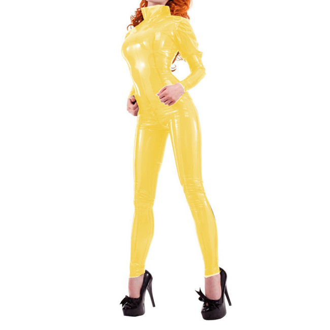 Skinny Catsuits Clear PVC Transparent Sexy Women Turtleneck Perspective Open Zip to Crotch Jumpsuits Party Club Erotic Lingerie