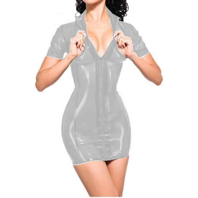 Sexy Stand Neck Front Zip-up Dress Long Sleeve Glossy Perspective Clear PVC Skinny Transparency Pencil Mini Dress Erotic S-7XL