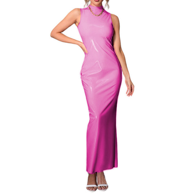 Sexy Women Sheath Maxi Dress Glossy PVC High Collar Sleeveless Hobble Pencil Back Split Long Dress Streetwear Slim Fit Dress 7XL