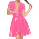 Women Front Zip Sheath Short Sleeve Pleated Mini Skirt Dress Vinyl PVC Leather Sexy V Neck A line Short Dress Club Night S-7XL