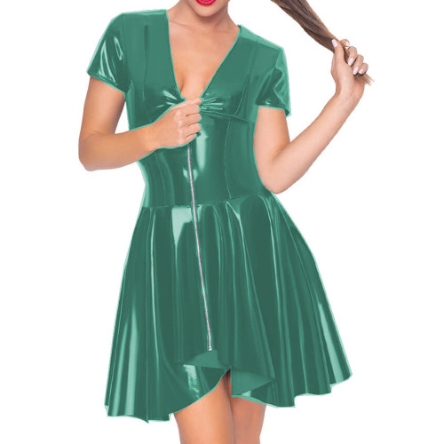 Women Front Zip Sheath Short Sleeve Pleated Mini Skirt Dress Vinyl PVC Leather Sexy V Neck A line Short Dress Club Night S-7XL