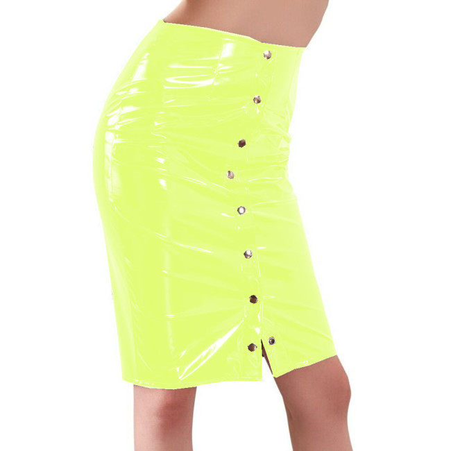High Waist Hobble Madi Skirt Slim Sexy Vinyl Glossy PVC Leather Front Buttons Up Pencil Skirt Casual High Street Fashion Vintage