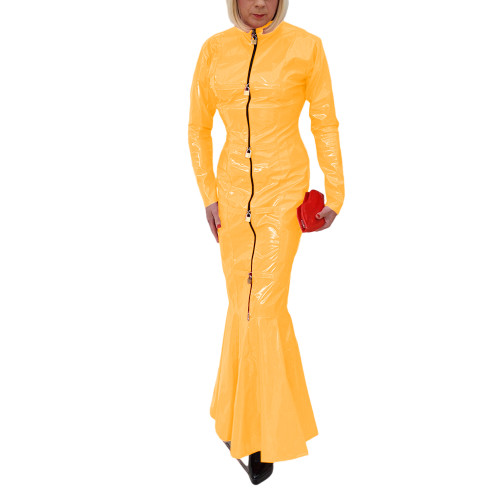 Sexy Club Fetish PVC Leather Ladies Erotic Front Zip-up Lockable Slim Hobble Long Dress Full Sleeve Sheath Bodycon Mermaid Dress