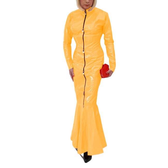 Sexy Club Fetish PVC Leather Ladies Erotic Front Zip-up Lockable Slim Hobble Long Dress Full Sleeve Sheath Bodycon Mermaid Dress