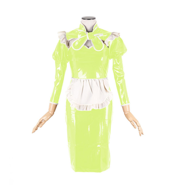 Sexy Maid Uniform Cosplay Costumes Glossy PVC Leather Lace-up Bow Sweetheart Neck Short Sleeve Hobble Pencil Dress Streetwear