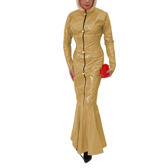 Sexy Club Fetish PVC Leather Ladies Erotic Front Zip-up Lockable Slim Hobble Long Dress Full Sleeve Sheath Bodycon Mermaid Dress