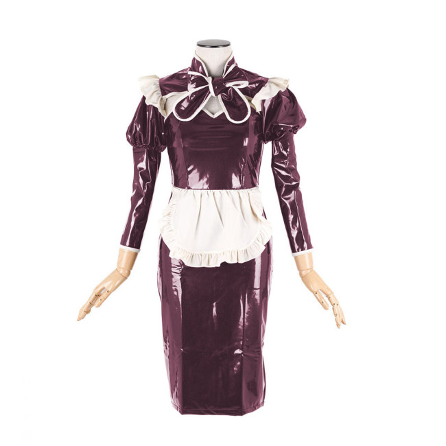 Sexy Maid Uniform Cosplay Costumes Glossy PVC Leather Lace-up Bow Sweetheart Neck Short Sleeve Hobble Pencil Dress Streetwear