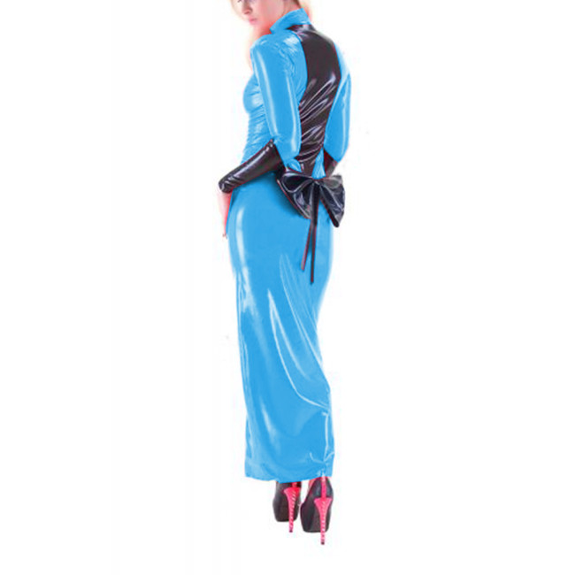 Sexy Women Maxi PVC Leather Patchwork Back Bowknot Bodycon Front Zip-up Sheath Pencil Long Dress Party Clubwear Street S-7XL