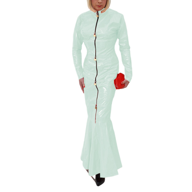 Sexy Club Fetish PVC Leather Ladies Erotic Front Zip-up Lockable Slim Hobble Long Dress Full Sleeve Sheath Bodycon Mermaid Dress