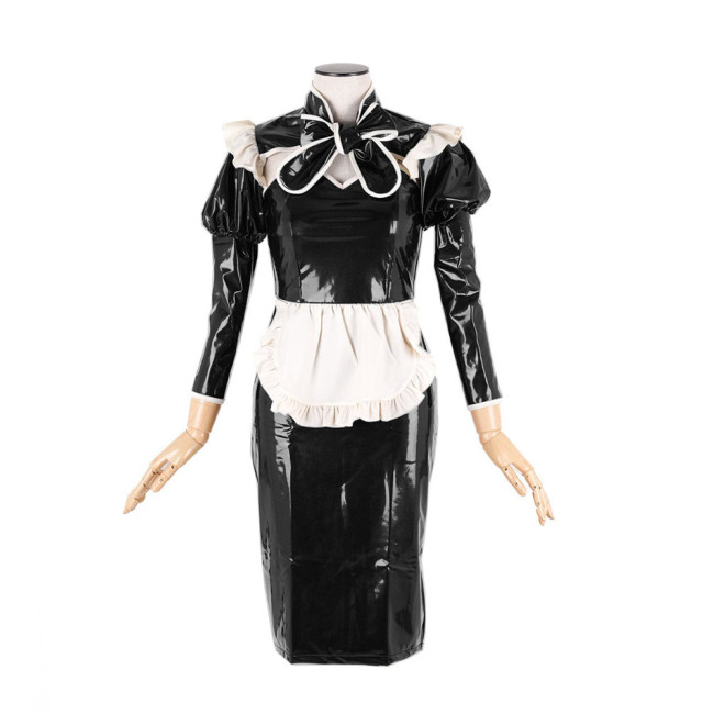Sexy Maid Uniform Cosplay Costumes Glossy PVC Leather Lace-up Bow Sweetheart Neck Short Sleeve Hobble Pencil Dress Streetwear