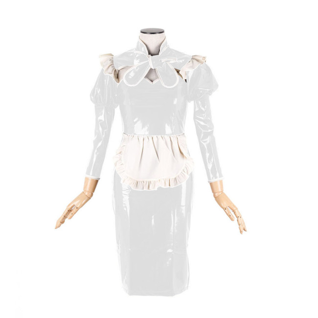 Sexy Maid Uniform Cosplay Costumes Glossy PVC Leather Lace-up Bow Sweetheart Neck Short Sleeve Hobble Pencil Dress Streetwear