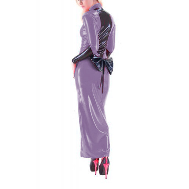 Sexy Women Maxi PVC Leather Patchwork Back Bowknot Bodycon Front Zip-up Sheath Pencil Long Dress Party Clubwear Street S-7XL