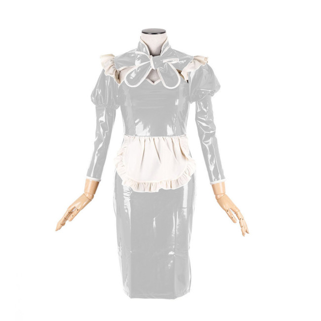 Sexy Maid Uniform Cosplay Costumes Glossy PVC Leather Lace-up Bow Sweetheart Neck Short Sleeve Hobble Pencil Dress Streetwear