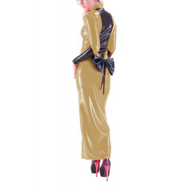 Sexy Women Maxi PVC Leather Patchwork Back Bowknot Bodycon Front Zip-up Sheath Pencil Long Dress Party Clubwear Street S-7XL