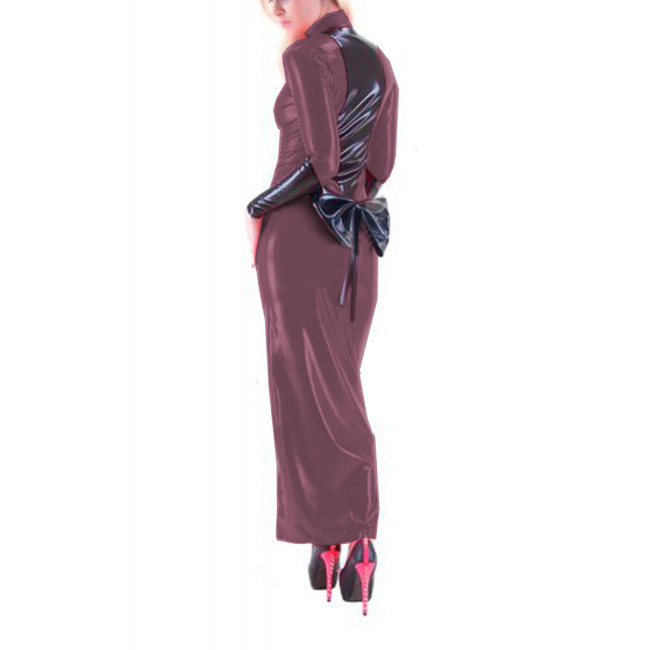 Sexy Women Maxi PVC Leather Patchwork Back Bowknot Bodycon Front Zip-up Sheath Pencil Long Dress Party Clubwear Street S-7XL