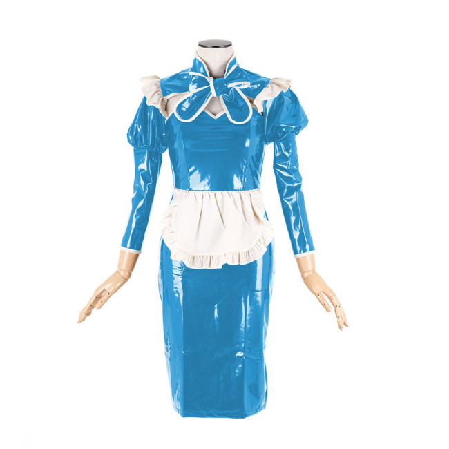 Sexy Maid Uniform Cosplay Costumes Glossy PVC Leather Lace-up Bow Sweetheart Neck Short Sleeve Hobble Pencil Dress Streetwear