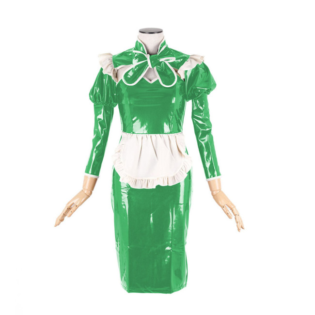 Sexy Maid Uniform Cosplay Costumes Glossy PVC Leather Lace-up Bow Sweetheart Neck Short Sleeve Hobble Pencil Dress Streetwear