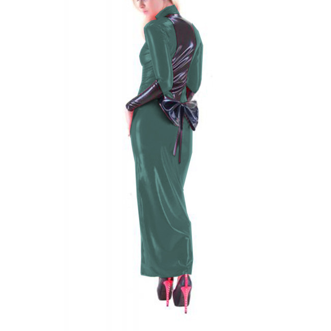 Sexy Women Maxi PVC Leather Patchwork Back Bowknot Bodycon Front Zip-up Sheath Pencil Long Dress Party Clubwear Street S-7XL