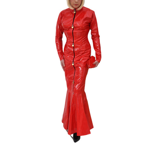Sexy Club Fetish PVC Leather Ladies Erotic Front Zip-up Lockable Slim Hobble Long Dress Full Sleeve Sheath Bodycon Mermaid Dress