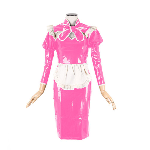 Sexy Maid Uniform Cosplay Costumes Glossy PVC Leather Lace-up Bow Sweetheart Neck Short Sleeve Hobble Pencil Dress Streetwear