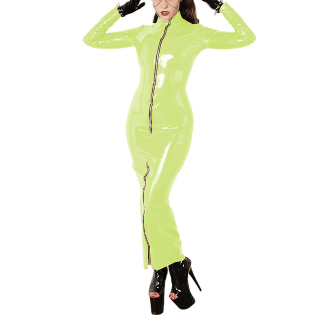 Glossy PVC Leather Women Long Sleeve Slim Front Zip Split Maxi Dress Sheath Long Bodycon Dress Robe Streetwear Vestidos Club 7XL