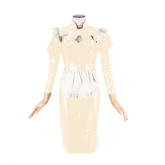 Sexy Maid Uniform Cosplay Costumes Glossy PVC Leather Lace-up Bow Sweetheart Neck Short Sleeve Hobble Pencil Dress Streetwear