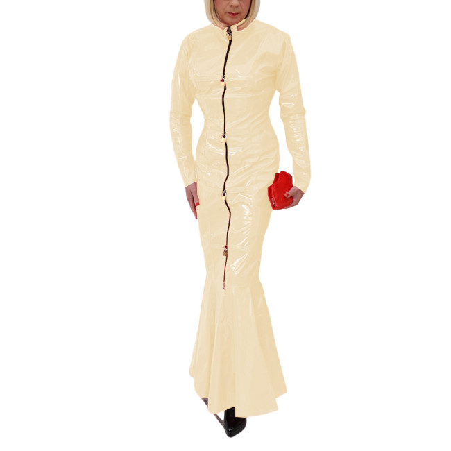 Sexy Club Fetish PVC Leather Ladies Erotic Front Zip-up Lockable Slim Hobble Long Dress Full Sleeve Sheath Bodycon Mermaid Dress