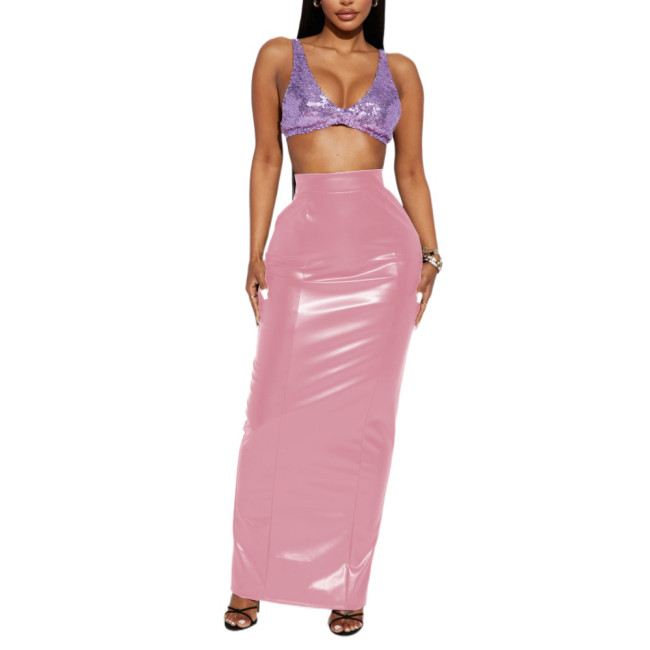 Sexy Club High Wasit Long Skirt Pencil Hobble Glossy PU Faux Leather Slim Maxi Skirt Gothic Streetwear Elegant Office Lady S-7XL