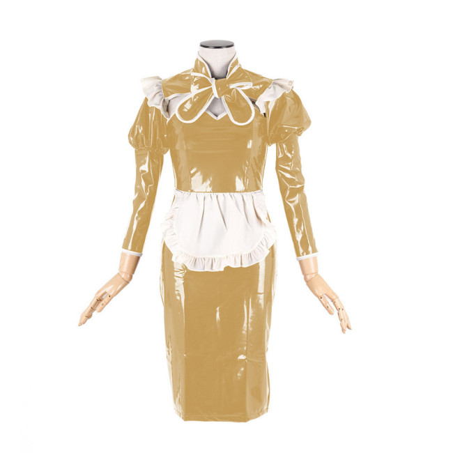 Sexy Maid Uniform Cosplay Costumes Glossy PVC Leather Lace-up Bow Sweetheart Neck Short Sleeve Hobble Pencil Dress Streetwear