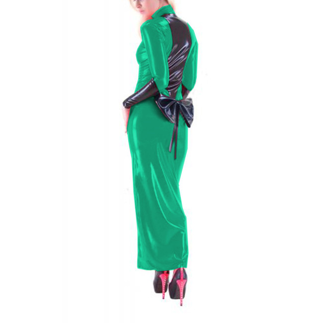 Sexy Women Maxi PVC Leather Patchwork Back Bowknot Bodycon Front Zip-up Sheath Pencil Long Dress Party Clubwear Street S-7XL
