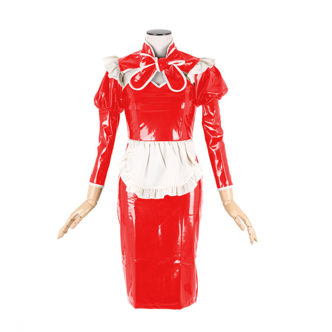 Sexy Maid Uniform Cosplay Costumes Glossy PVC Leather Lace-up Bow Sweetheart Neck Short Sleeve Hobble Pencil Dress Streetwear