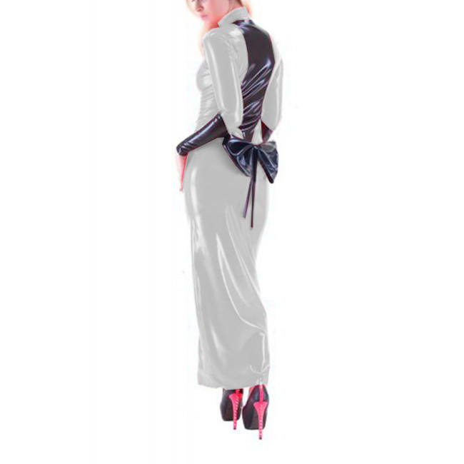Sexy Women Maxi PVC Leather Patchwork Back Bowknot Bodycon Front Zip-up Sheath Pencil Long Dress Party Clubwear Street S-7XL