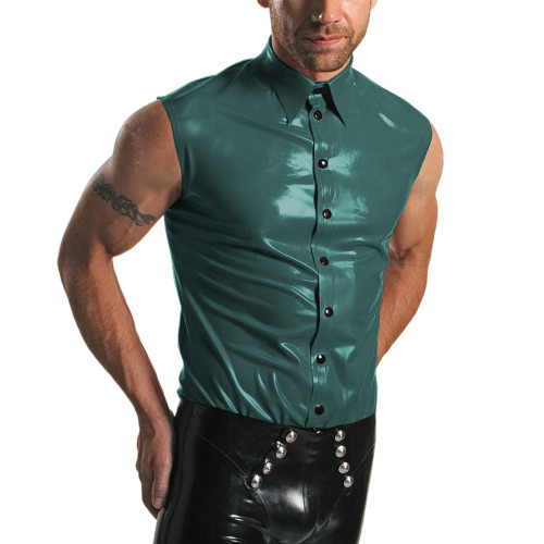 Wetlook PVC Turn-down Collar Sleeveless T-Shirts Buttons Slim Tank Tops Club Punk Faux Leather Shirt Fetish Casual Party Hip Hop