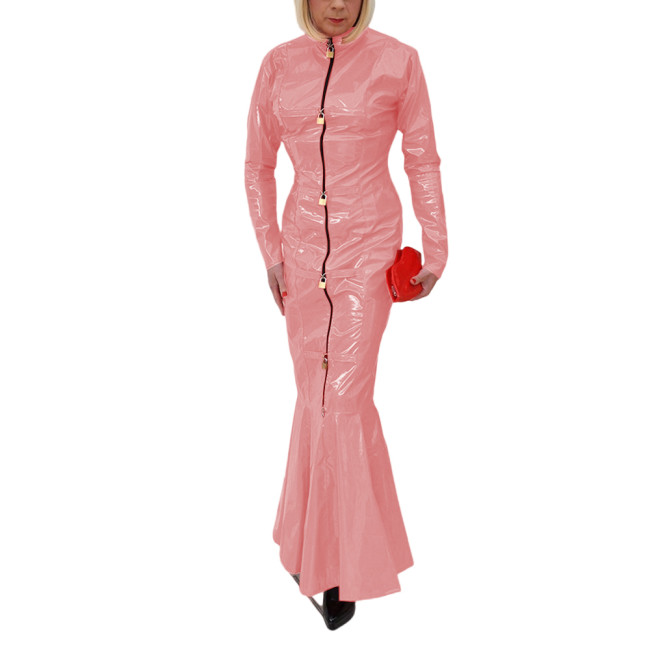 Sexy Club Fetish PVC Leather Ladies Erotic Front Zip-up Lockable Slim Hobble Long Dress Full Sleeve Sheath Bodycon Mermaid Dress