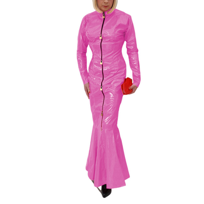 Sexy Club Fetish PVC Leather Ladies Erotic Front Zip-up Lockable Slim Hobble Long Dress Full Sleeve Sheath Bodycon Mermaid Dress