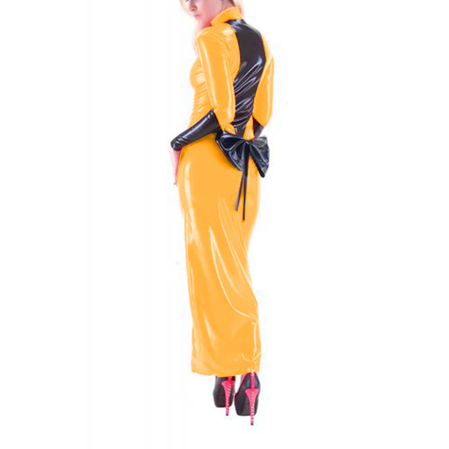 Sexy Women Maxi PVC Leather Patchwork Back Bowknot Bodycon Front Zip-up Sheath Pencil Long Dress Party Clubwear Street S-7XL