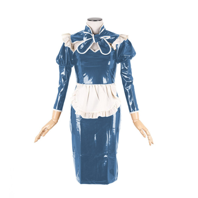 Sexy Maid Uniform Cosplay Costumes Glossy PVC Leather Lace-up Bow Sweetheart Neck Short Sleeve Hobble Pencil Dress Streetwear