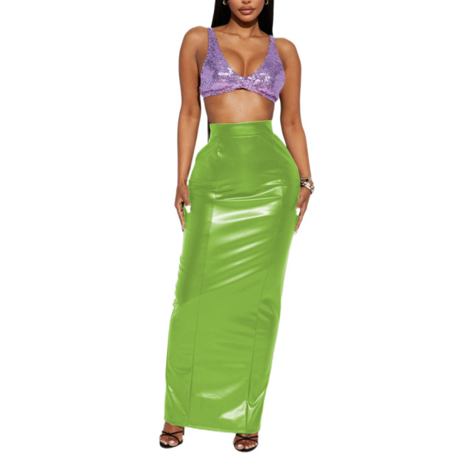 Sexy Club High Wasit Long Skirt Pencil Hobble Glossy PU Faux Leather Slim Maxi Skirt Gothic Streetwear Elegant Office Lady S-7XL