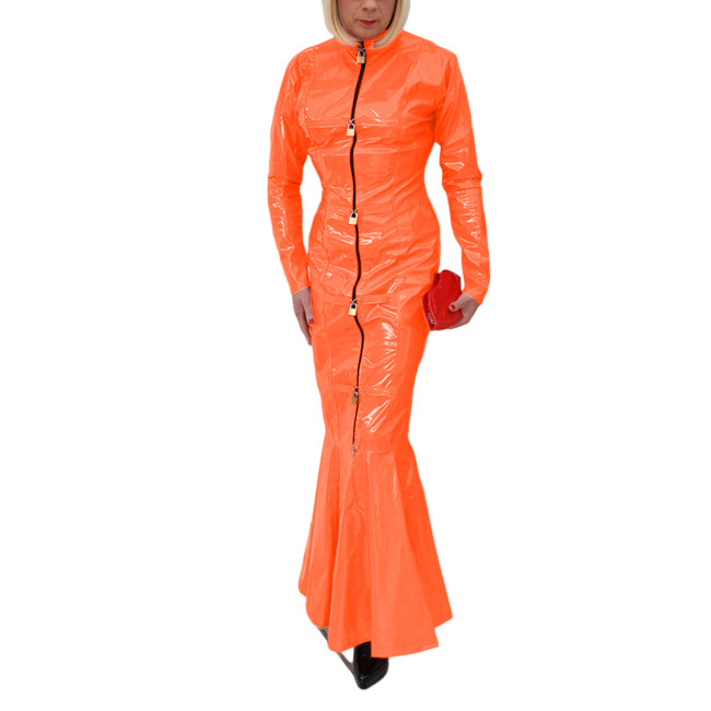 Sexy Club Fetish PVC Leather Ladies Erotic Front Zip-up Lockable Slim Hobble Long Dress Full Sleeve Sheath Bodycon Mermaid Dress